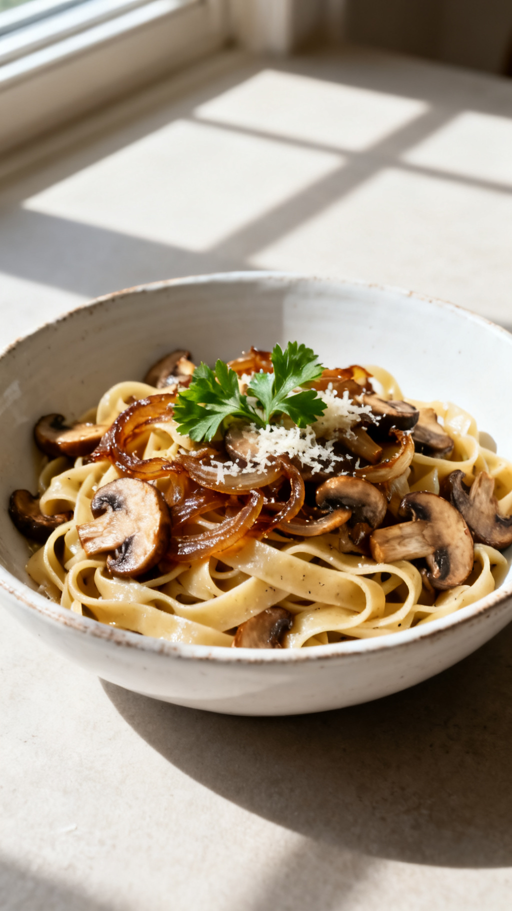 Caramelized Onion and Mushroom Pasta with Creamy Sauce