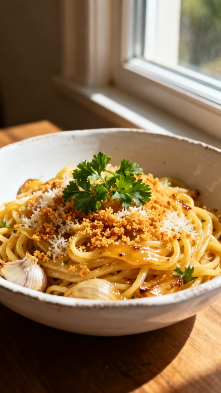 Roasted Garlic Parmesan Pasta With Crispy Breadcrumbs