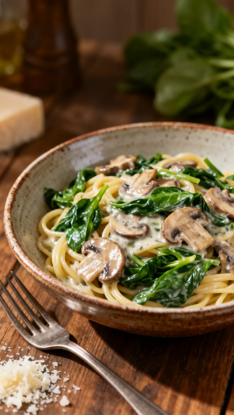 Creamy Spinach and Mushroom Pasta (Easy Meatless Meal)
